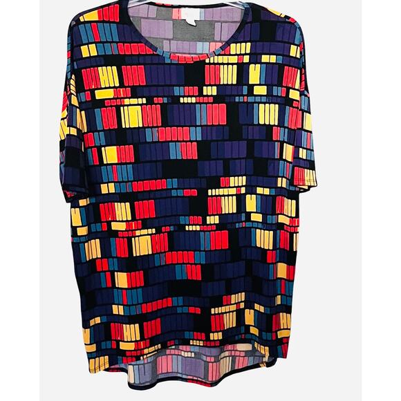 LULAROE SHORT SLV HI-LOW PULL-OVER RND NECK BLOUSE, WOMENS, M-YELL BLUE ORG PURP - Picture 1 of 11